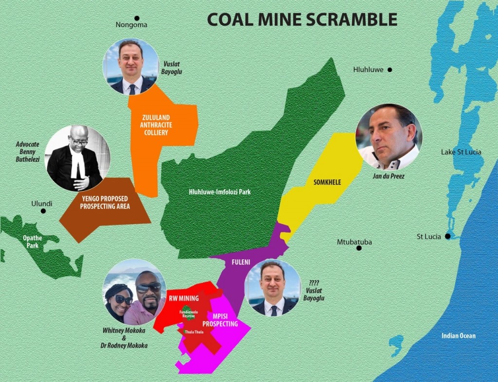 Umístění stávajících nebo plánovaných podniků těžby uhlí poblíž Richards Bay. Těžební oblast Tendele je žlutě označena jako „Somkhele“. 